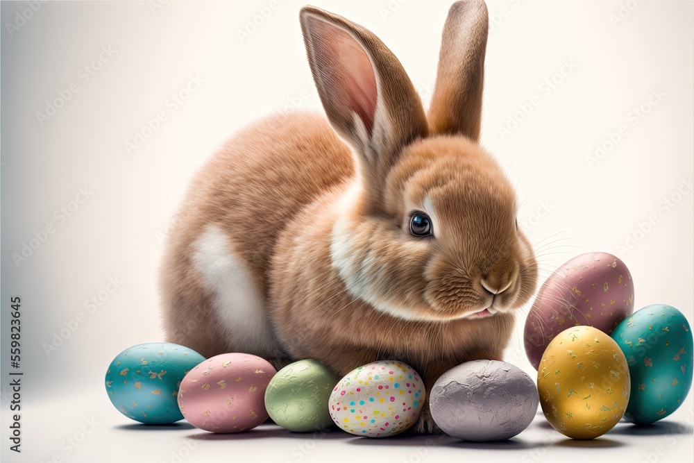 Poster a rabbit sitting next to a pile of eggs with a white background and a white background behind it, wi