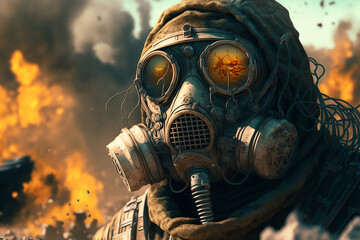 Post apocalyptic survivor in gas mask. Environmental disaster, Armageddon.