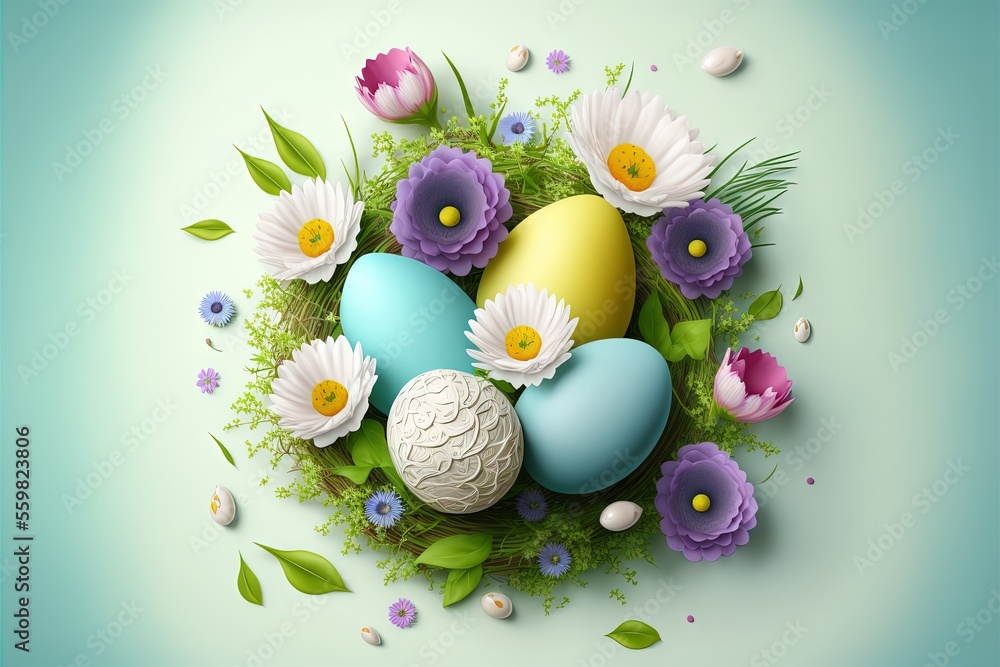 Poster a bunch of eggs with flowers and leaves around them on a blue background with a green border around 