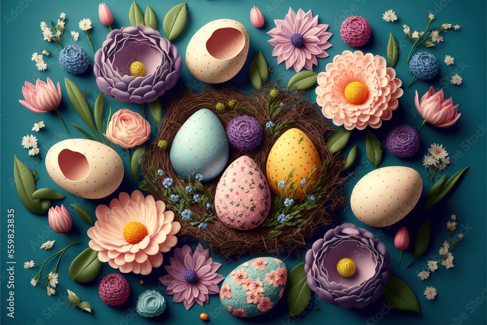 Poster a painting of a nest with eggs and flowers on a blue background with a blue background and a blue ba