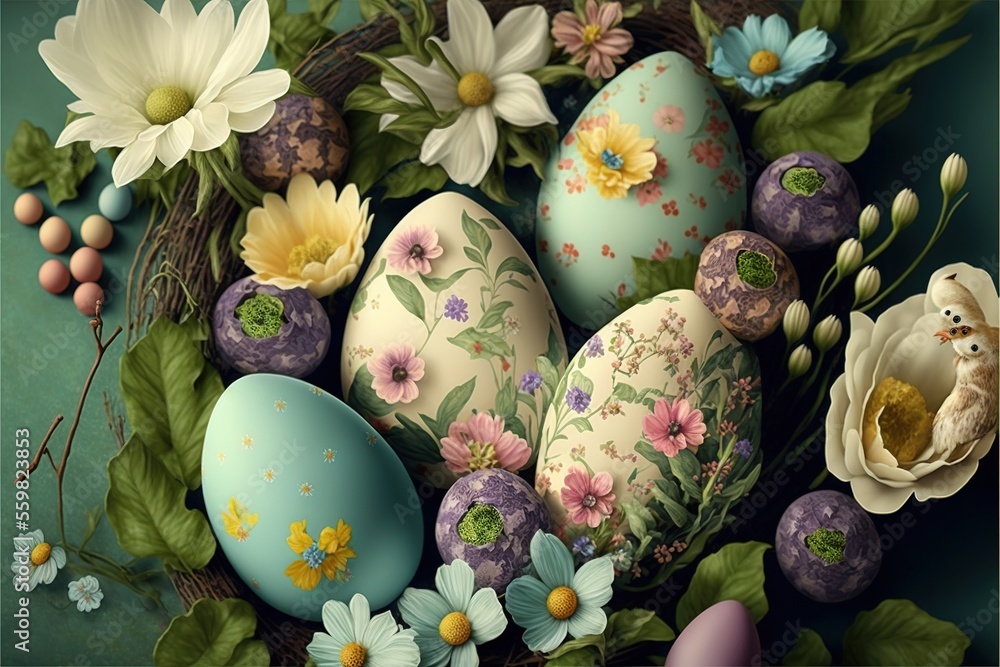 Poster a painting of a bunch of eggs in a nest with flowers and leaves around it on a green background with