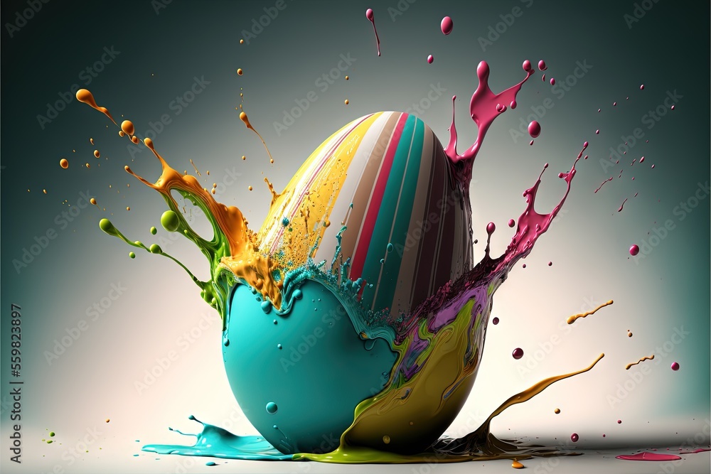 Poster a colorful egg with paint splashing out of it's shell and a blue egg with a striped egg shell on it'