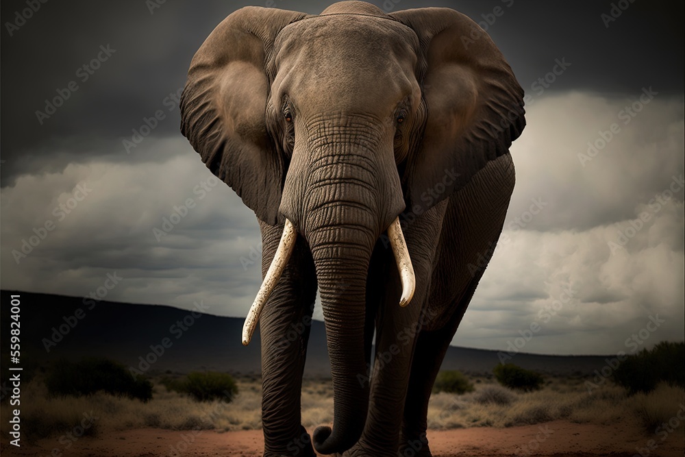 Poster an elephant standing in a field with a cloudy sky in the background and a dark sky in the background