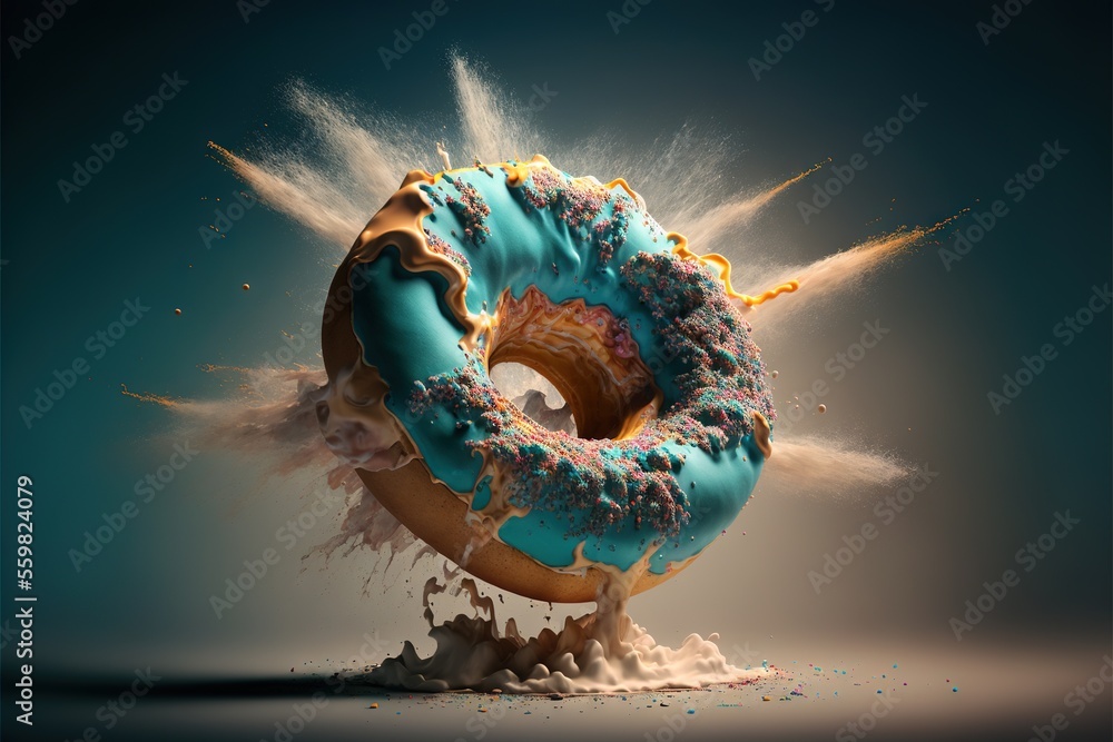 Poster  a donut with blue icing and sprinkles on it is in the air with a blue background and a splash of white powder behind it is in the image of the image., generative ai