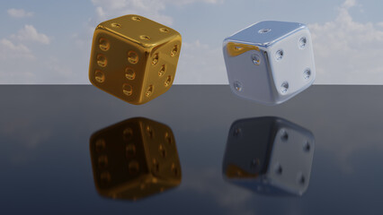 3D render of 2 dice on a surreal background. A golden and a silver dice.