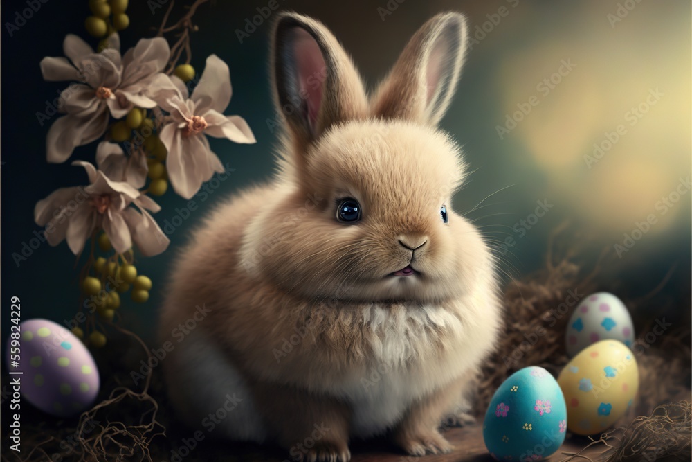 Poster a rabbit sitting next to some eggs on a table with flowers and branches in the background and a blue