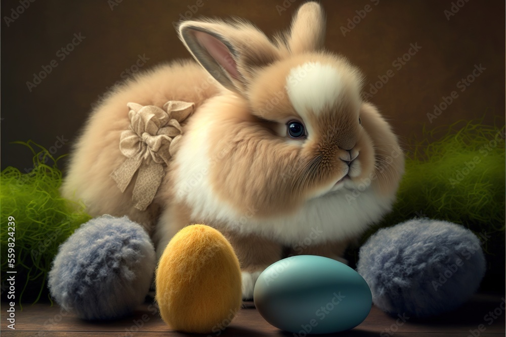 Poster a rabbit sitting next to a group of easter eggs on a table with grass and grass behind it, with a br