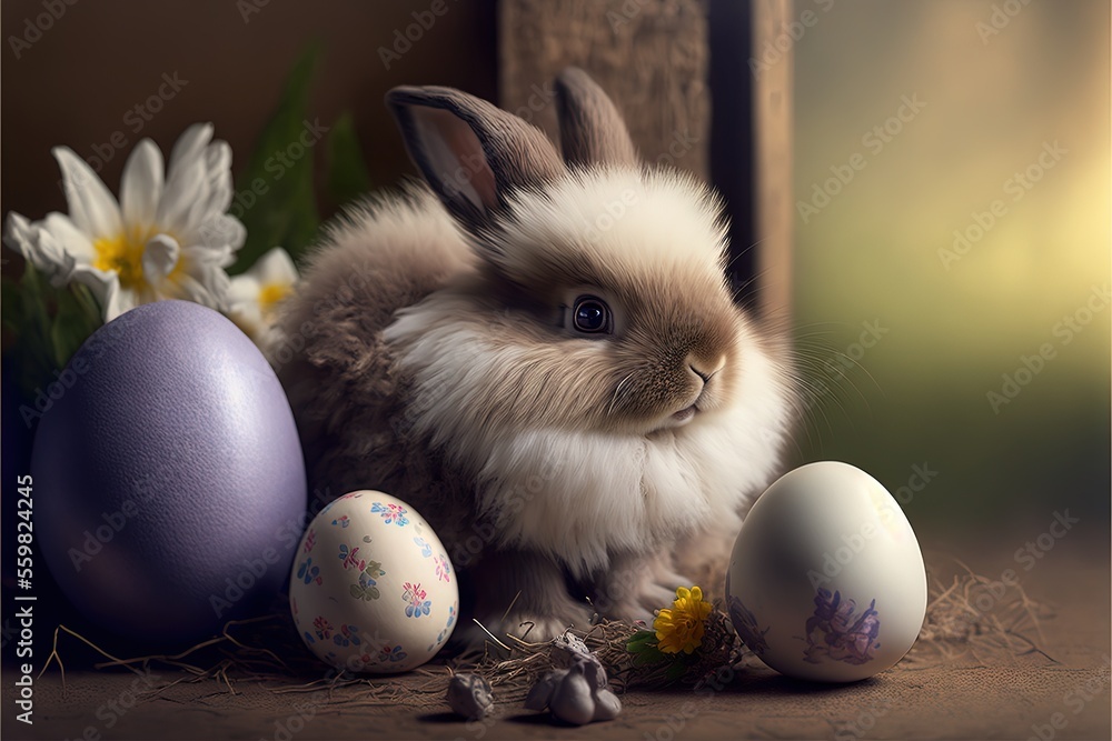 Poster a bunny sitting next to some eggs and flowers on a table with a wooden frame in the background and a