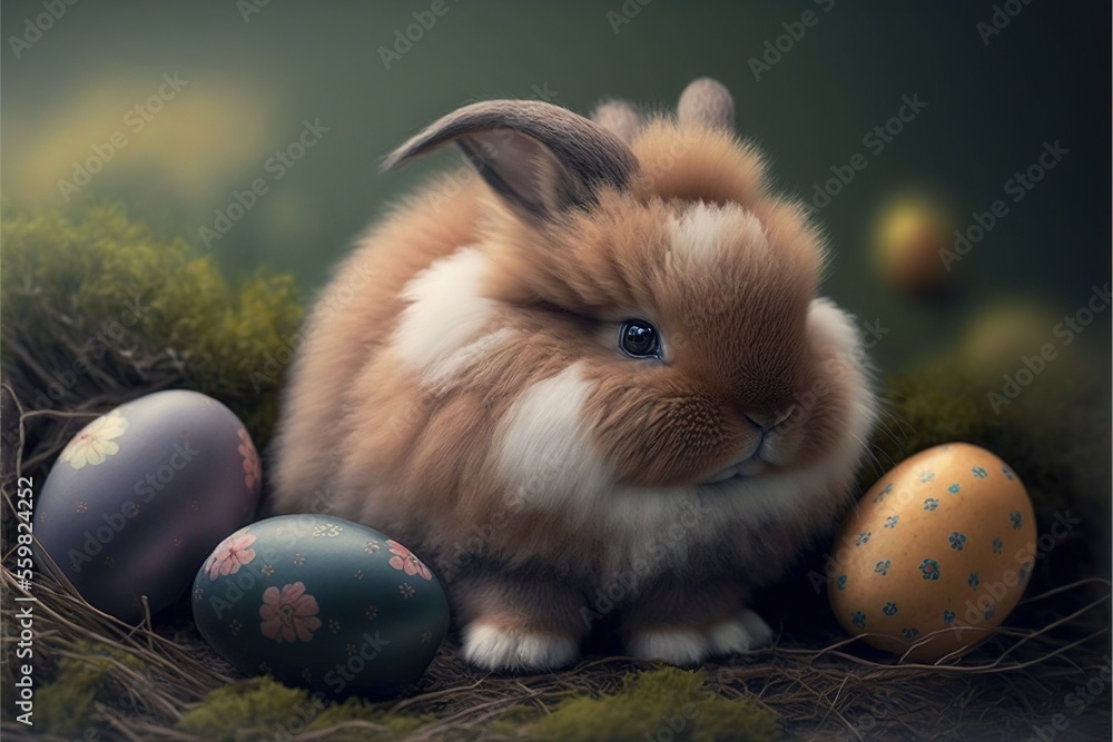 Poster a rabbit sitting next to some eggs in a nest with moss and grass on the ground, with a green backgro