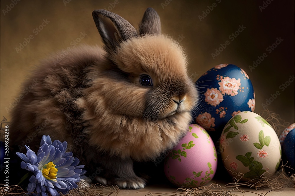 Aufkleber a rabbit sitting next to some colorful eggs and flowers on a table with a brown background and a bro