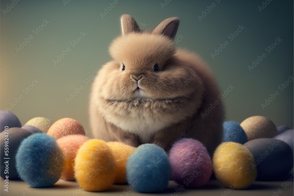 Poster a rabbit sitting in front of a pile of colorful eggs with a green background and a blue sky in the b