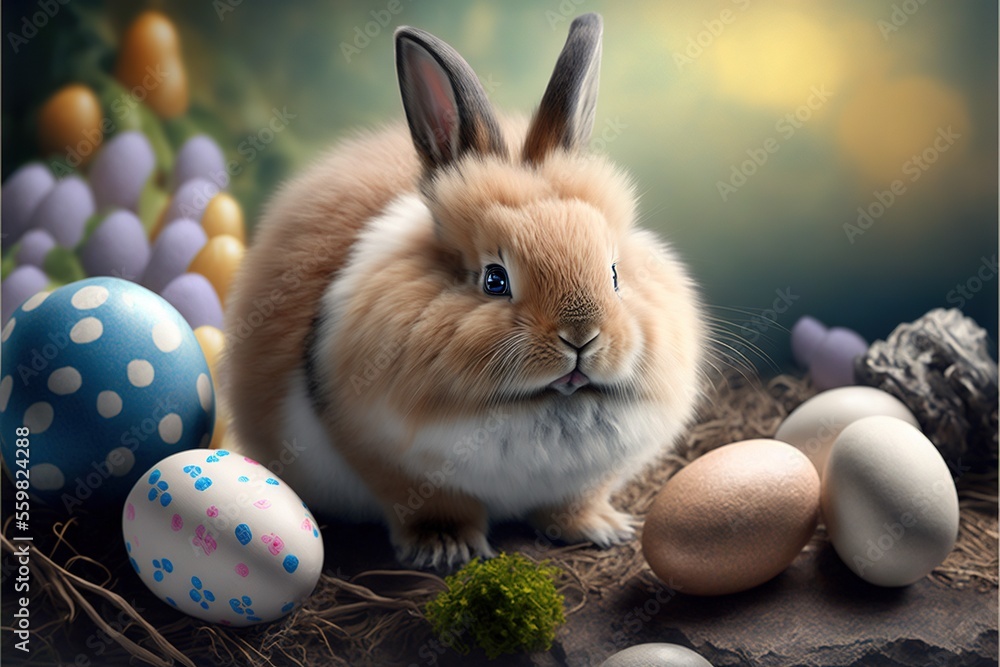 Poster a rabbit sitting next to eggs and a basket of eggs on a table with a green plant in the background a