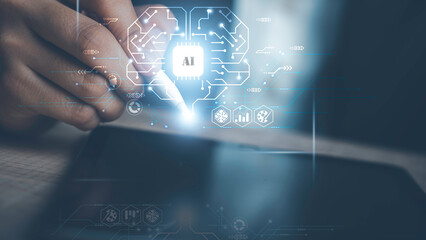 Artificial intelligence of futuristic technology concept. Hand use e-pen on tablet  show virtual circuit AI brain genius technology link to big data network and analytic information.