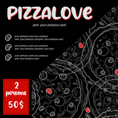 Banner for advertising pizza. Pizza menu. Pizzeria flyer discount. Dark trendy modern design for social media and print.