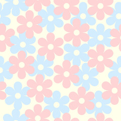 Seamless pattern of pink and blue flowers on a yellow background