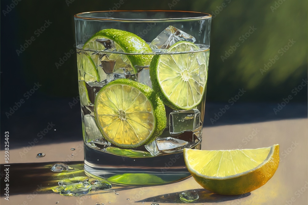 Poster a painting of a glass of water with limes and ice cubes on a table top with a slice of lime and a ha