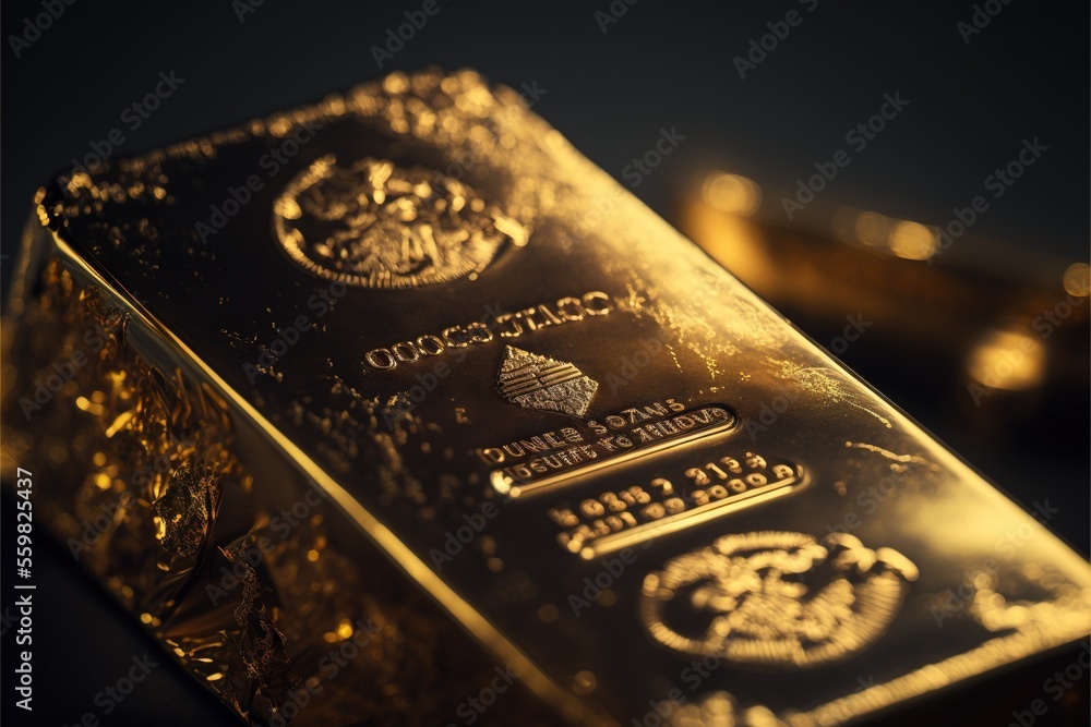 Poster a close up of a gold bar with other gold bars in the background and a black background with a gold b