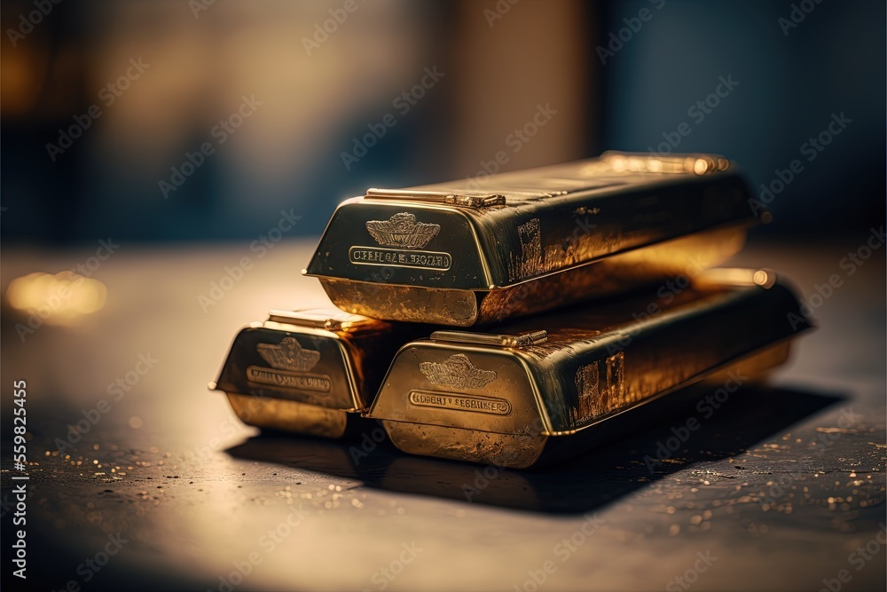 Poster three gold bars stacked on top of each other on a table top with a blurry background of the top one 