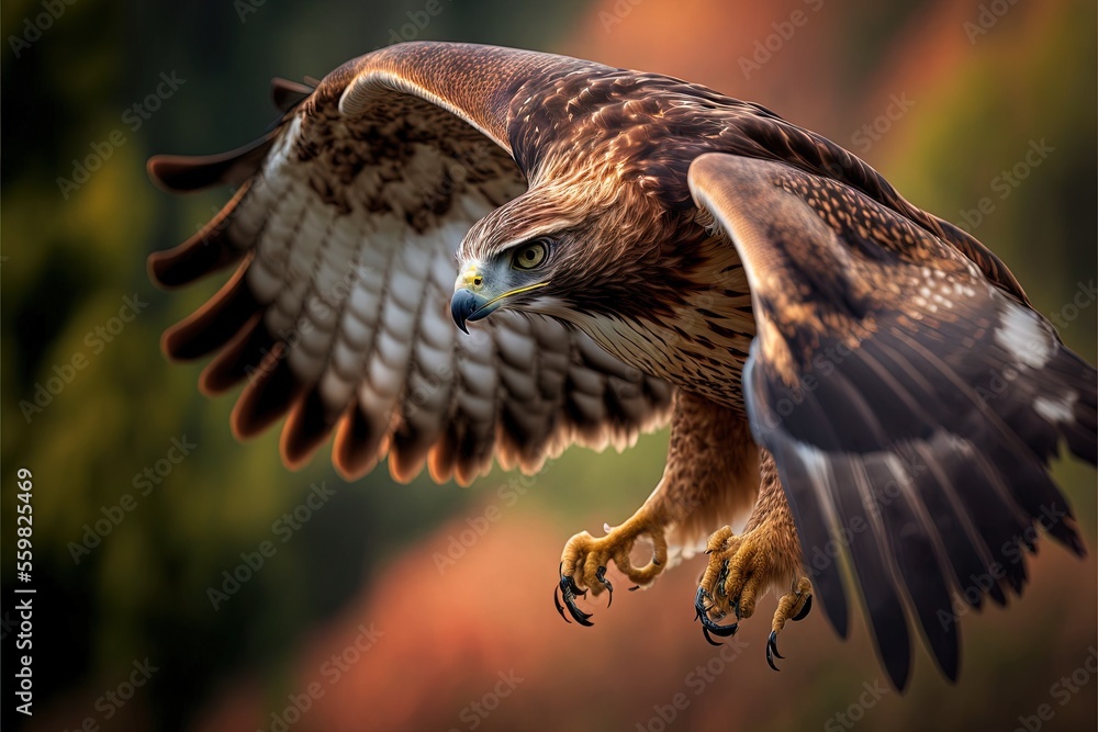 Poster a bird of prey flying in the air with its wings spread out and it's eyes open and it's wings spread 