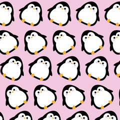 Repeating pattern of a cute cartoon penguin on a pink background