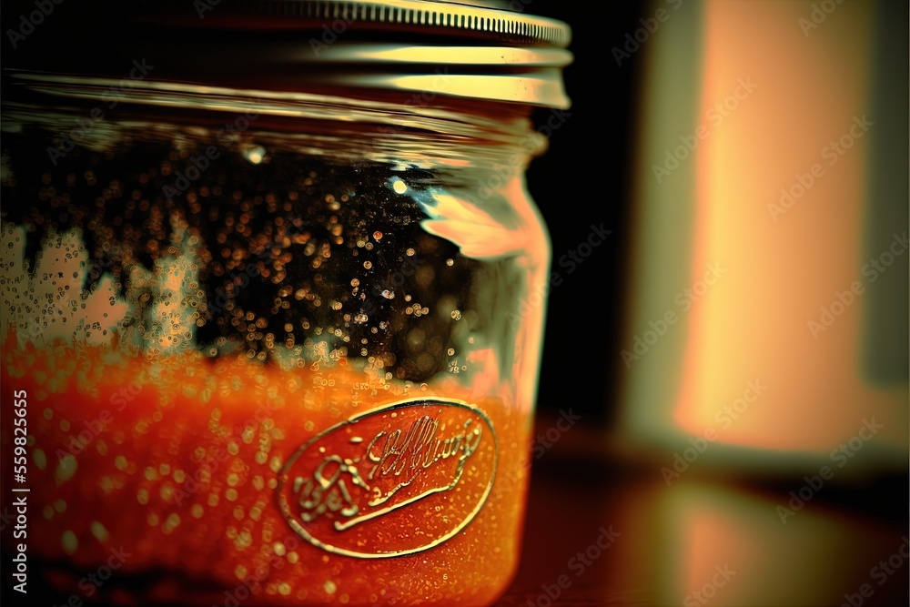 Poster a jar of food sitting on a table with a lid on it's side and a spoon in it's mouth and a blurry back