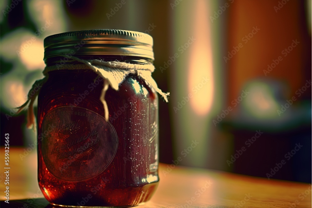 Poster a jar of jam sitting on a table with a spoon in it's mouth and a spoon in the jar with a spoon in it