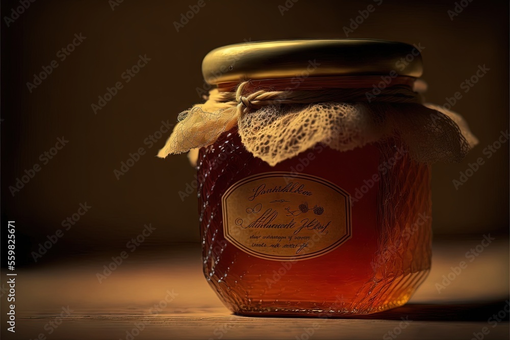 Poster a jar of honey with a label on it sitting on a table top next to a cookie cutter and a bottle of hon
