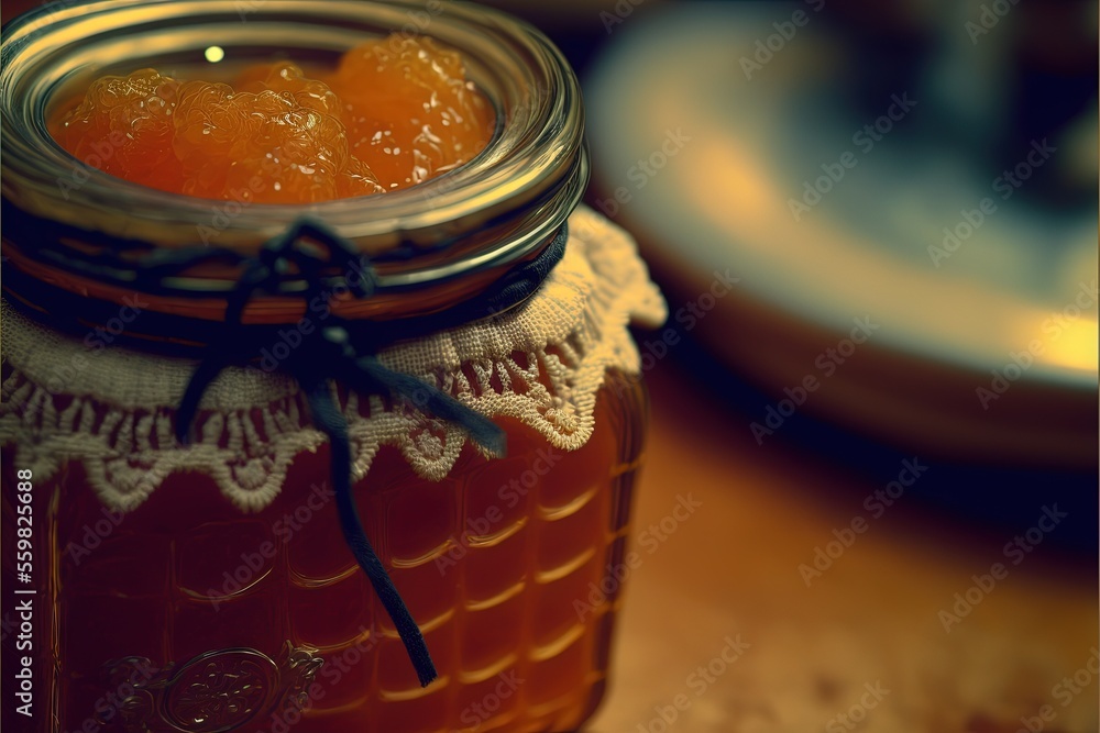 Poster a jar of oranges sitting on a table next to a plate of food and a plate of food on a table top with 