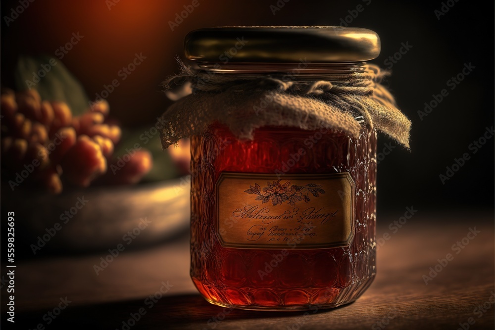 Poster a jar of honey sitting on a table next to a bowl of grapes and a leafy plant in the background with 