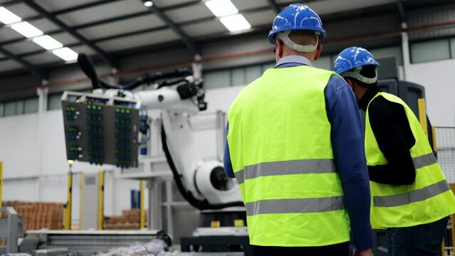 Multiracial engineers working with robot arm at robotic automation facility