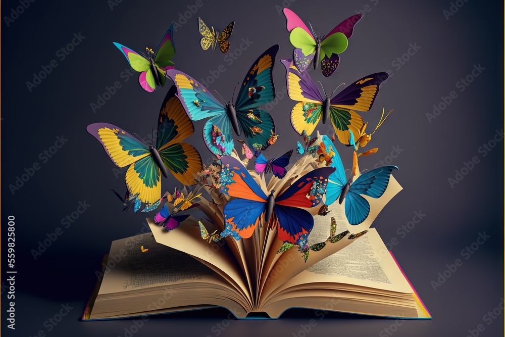 Poster a book with a bunch of butterflies on it and a bookmark in the shape of a book open to a page with a