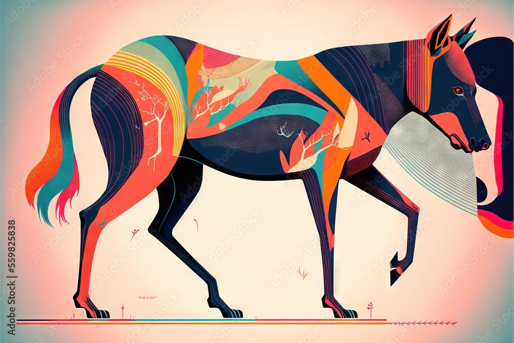 Poster a colorful horse with a long tail and a tail that is shaped like a horse with a long tail and tail t
