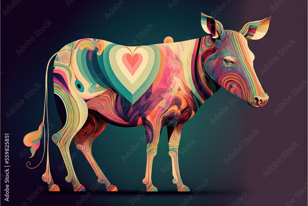 Poster a colorful cow with a heart shaped pattern on its back and a tail, standing in front of a dark backg