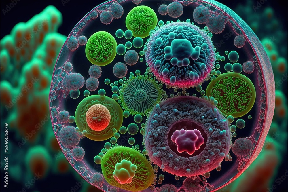 Poster a cell with many different colored cells inside of it, and a black background with a blue border aro