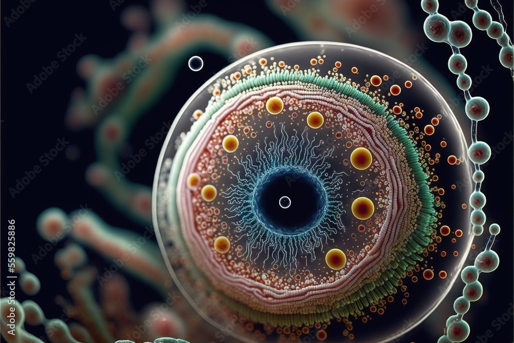 Poster a close up of a cell phone with a blue ring in the center of it and many small orange balls around i