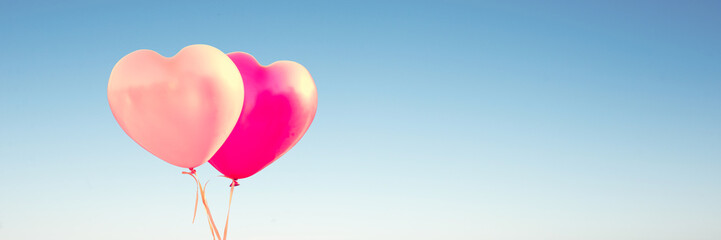 Fototapeta na wymiar Two pink balloons in the shape of hearts on panoramic sky background, valentine's day or wedding
