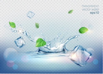 Transparent realistic vector mineral water splash, drops, mint leaf and ice cubes on blue background  - 559825887