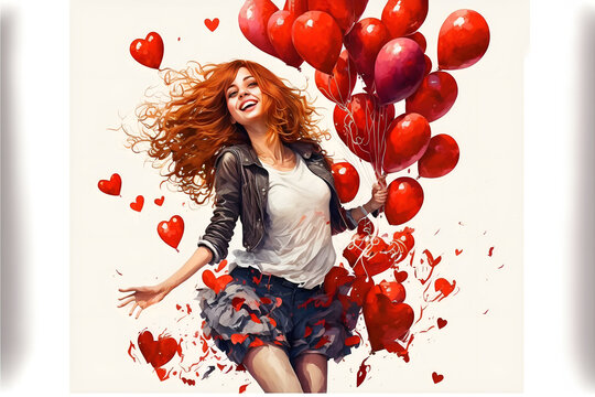 Beautiful Valentine Girl Holding Red Air Balloons, Ai Generated