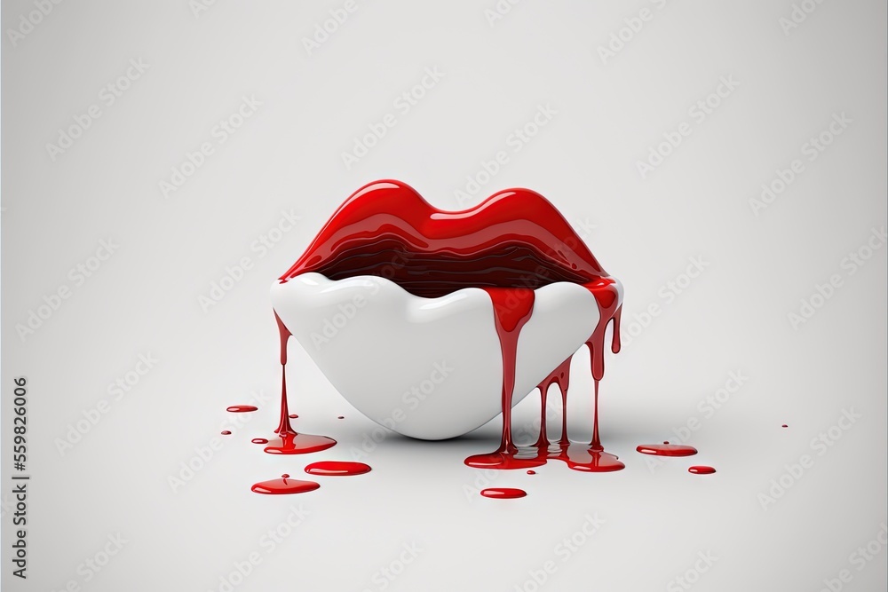 Aufkleber  a white bowl with a red liquid flowing out of it and a white bowl with a red liquid flowing out of it on a white background with red drops of liquid coming out of the top., generative ai