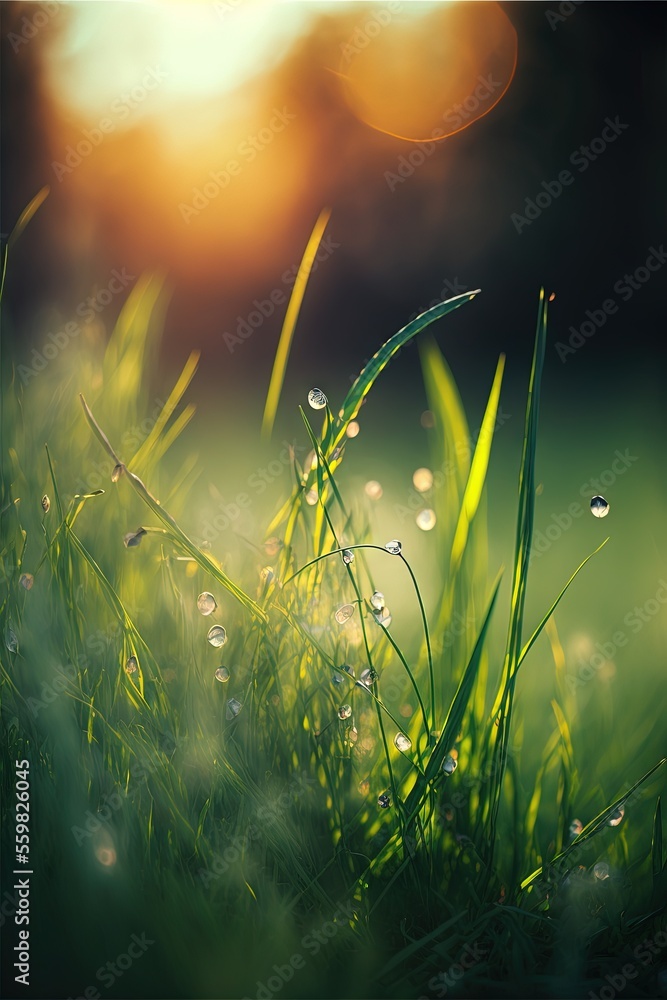 Poster a grassy field with dew drops on the grass and a sun in the background with a blurry lens effect on 