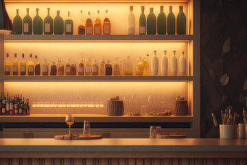Alcohol is displayed on shelves behind an open wooden bar in a contemporary cafe or restaurant interior scene. Generative AI