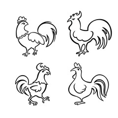 Fototapeta na wymiar Set of vector graphic illustrations of linear roosters, hens