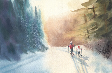 Watercolor illustration. Skiing in the forest. Winter sunny day in the forest.
