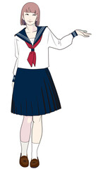 説明をするセーラー服の女学生（ボブ）