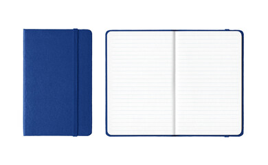 Marine blue closed and open lined notebooks isolated on transparent background
