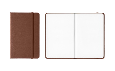 Brown closed and open notebooks isolated on transparent background