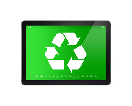 Digital tablet PC with a recycling symbol on screen. environmental conservation concept