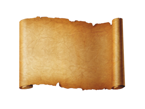 Old mediaeval paper sheet. Horizontal parchment scroll isolated on white