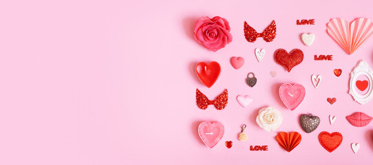 Many differente hearts and valentines day symbols elements top view. Creative valentines day banner background