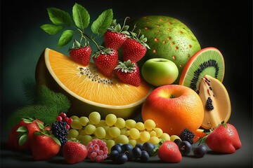 a painting of a variety of fruits on a black background with a green leafy branch on top of the fruit and the other fruit on the bottom of the picture is a black background.